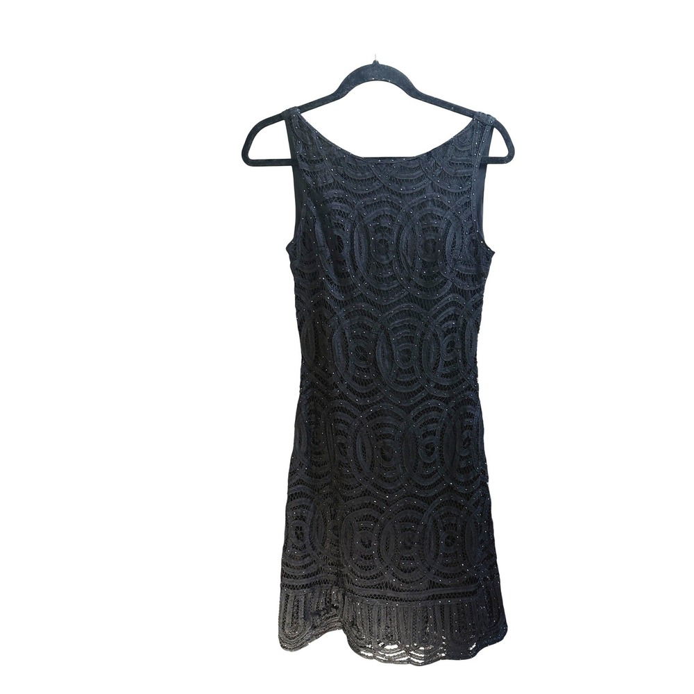 Cache Cocktail Dress Battenberg Lace Sequin Deep V Back Black Small LBD Evening